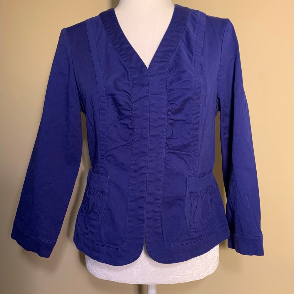 EUC Shirt/Jacket: Ruched Front, Hook-and-Eye Closure, Collarless